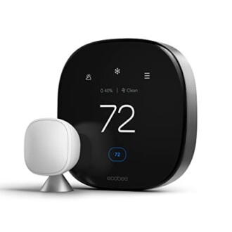 Ecobee smart thermostat with sensor, displaying temperature.