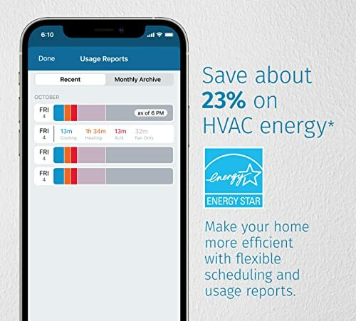 Smartphone displaying HVAC energy usage report with Energy Star logo and text about saving 23% on energy.