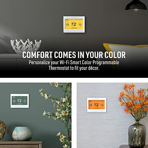 Smart thermostat with customizable color display on wall.