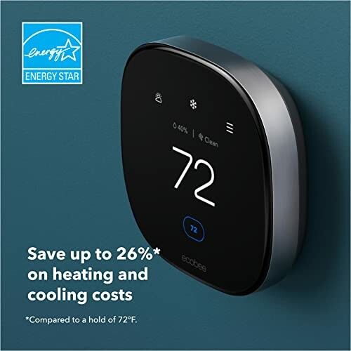 Smart thermostat displaying temperature with energy-saving feature.