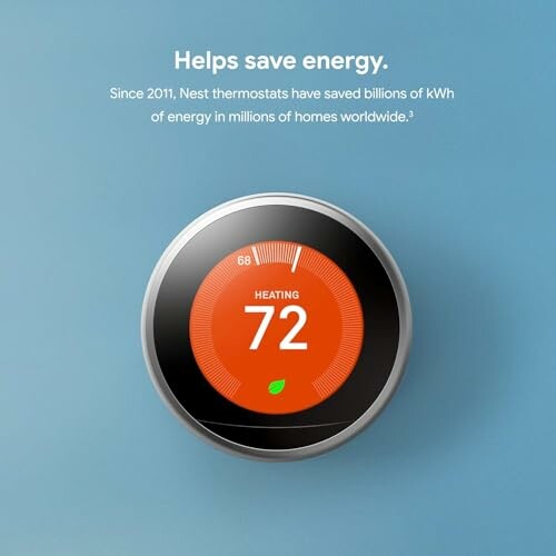 Smart thermostat displaying heating at 72 degrees.